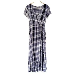 MIA & TESS sz S Maxi Dress Tie Dye Surplice Faux Wrap V Neck Cap Sleeves Bodycon